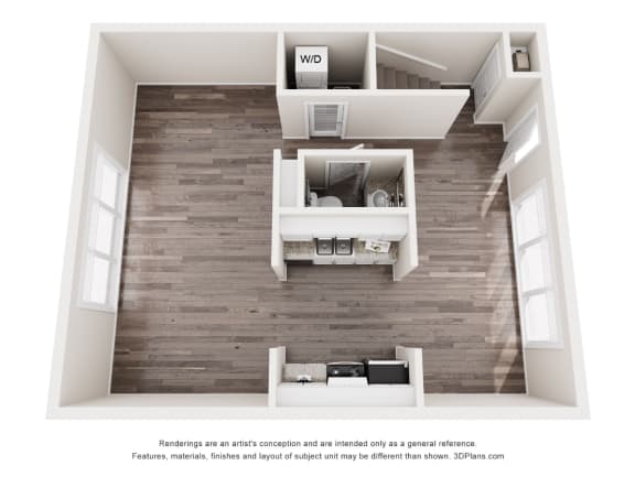 a 3d rendering of the 1 bedroom floor plan  the crossings