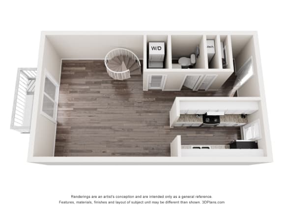 a 3d rendering of an open floor plan with a bedroom and a living room