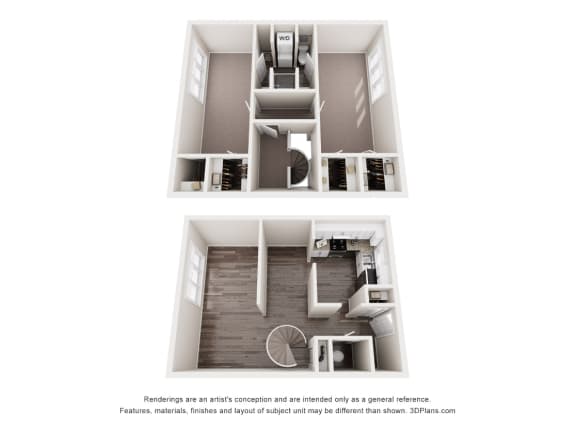 a stylized floor plan with a bedroom and a living room