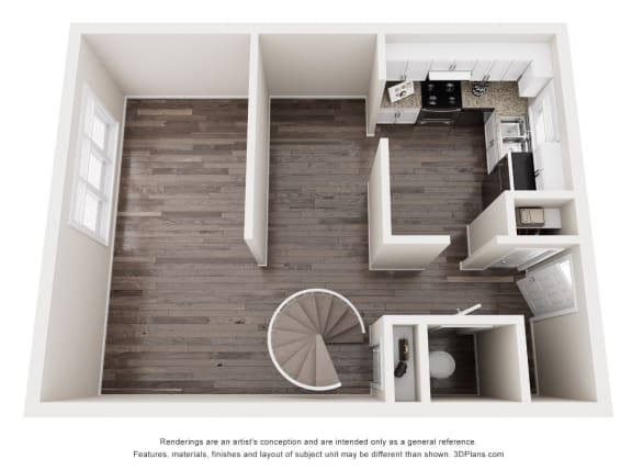 3d floor plan of an apartment with a bedroom and a living room