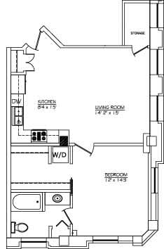 A floor plan of a home with a living room, dining room, kitchen, and bedroom.