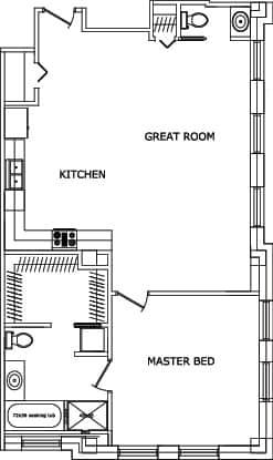 A floor plan of a house with a great room, kitchen, and master bed.