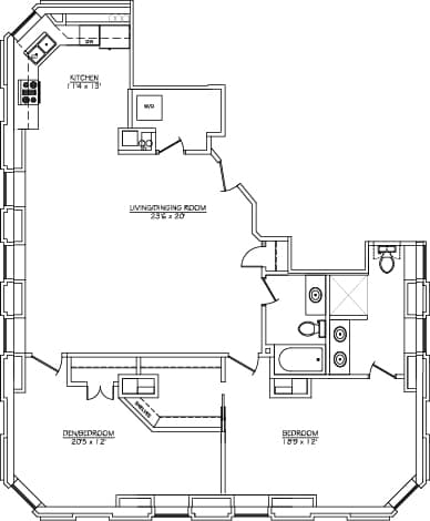 A floor plan of a house with a kitchen, living room, den, and bedroom.