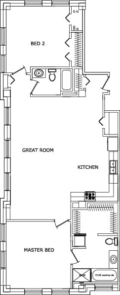 A floor plan of a house with a master bedroom, a great room, and a kitchen.