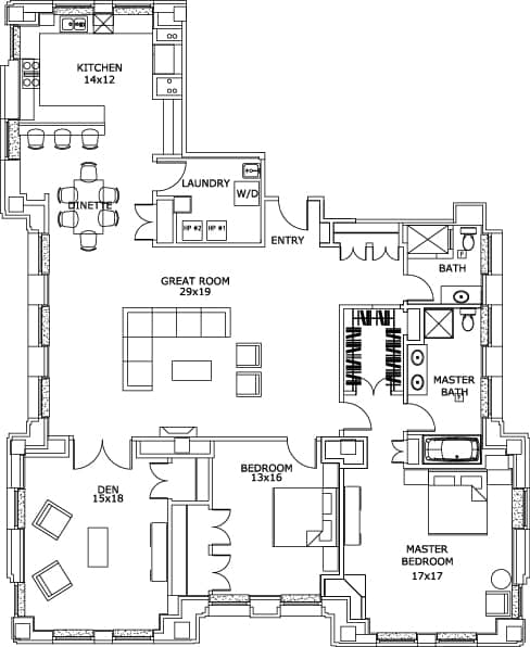 A floor plan of a house with a kitchen, laundry room, and multiple bathrooms.