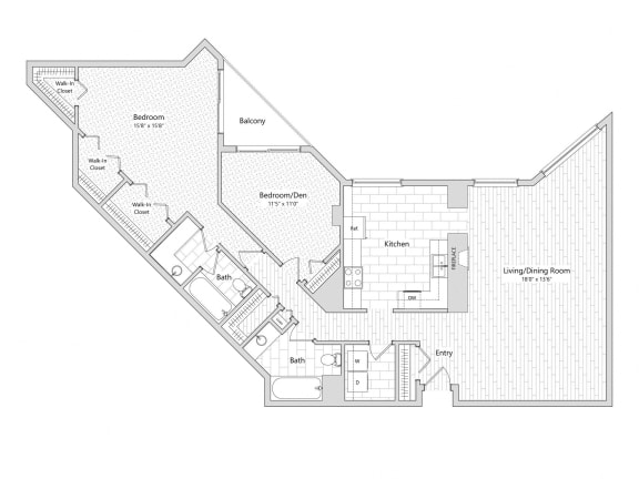 Crest - 2 Bedroom Floor Plan Layout with 2 Baths and 1,486 square feet at Skyrise Luxury Apartments in Kalamazoo, MI.