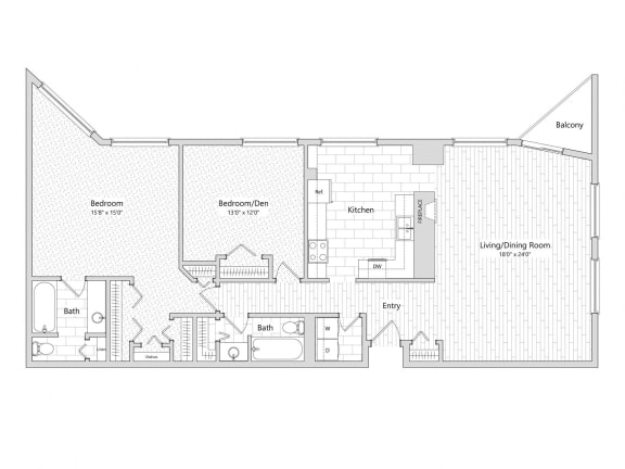 Horizon - 2 Bedroom Floor Plan Layout with 2 Baths and 1,581 square feet at Skyrise Luxury Apartments in Kalamazoo, MI.