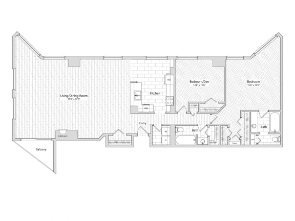 New Yorker - 2 Bedroom Floor Plan Layout with 2 Baths and 1,838 square feet at Skyrise Luxury Apartments in Kalamazoo, MI.