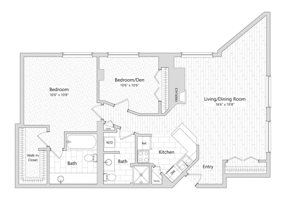 Pinnacle - 2 Bedroom Floor Plan Layout with 2 Baths and 1,177 square feet at Skyrise Luxury Apartments in Kalamazoo, MI.