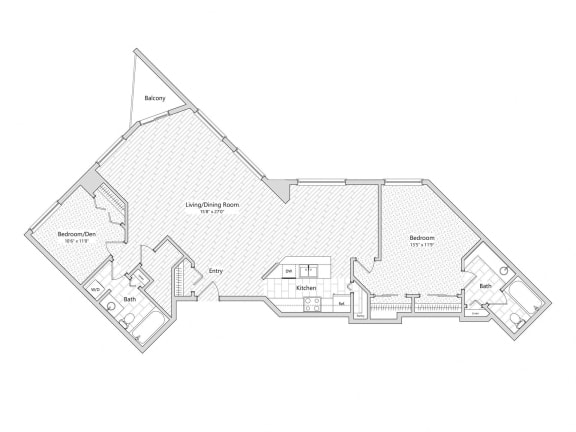 Rainbow - 2 Bedroom Floor Plan Layout with 2 Baths and 1,531 square feet at Skyrise Luxury Apartments in Kalamazoo, MI.
