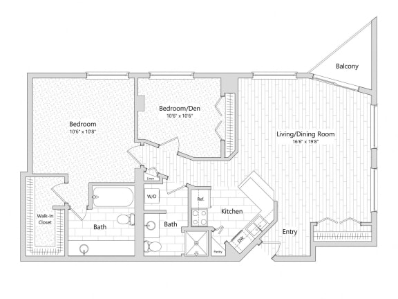 Skyliner - 2 Bedroom Floor Plan Layout with 2 Baths and 1,177 square feet at Skyrise Luxury Apartments in Kalamazoo, MI.