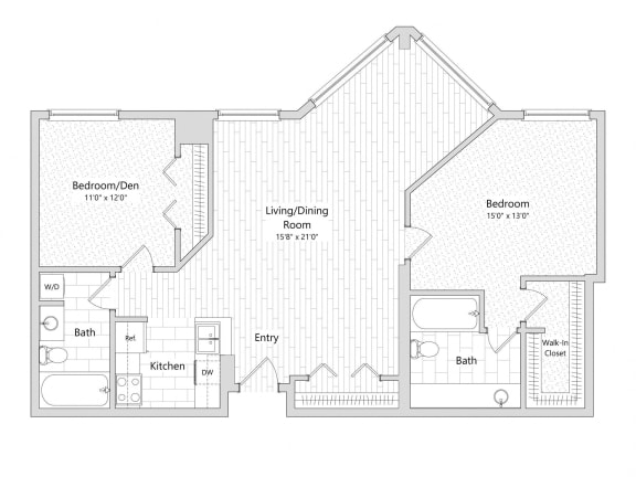 Starlight - 2 Bedroom Floor Plan Layout with 2 Baths and 1,181 square feet at Skyrise Luxury Apartments in Kalamazoo, MI.
