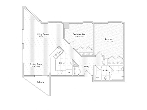 Vista - 2 Bedroom Floor Plan Layout with 1 Bath and 1,062 square feet at Skyrise Luxury Apartments in Kalamazoo, MI.