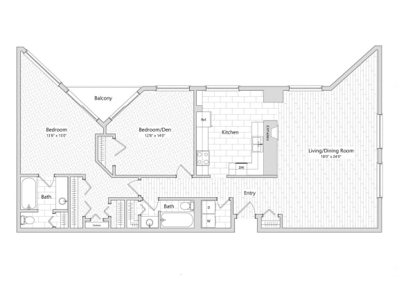Zenith - 2 Bedroom Floor Plan Layout with 2 Baths and 1,581 square feet at Skyrise Luxury Apartments in Kalamazoo, MI.
