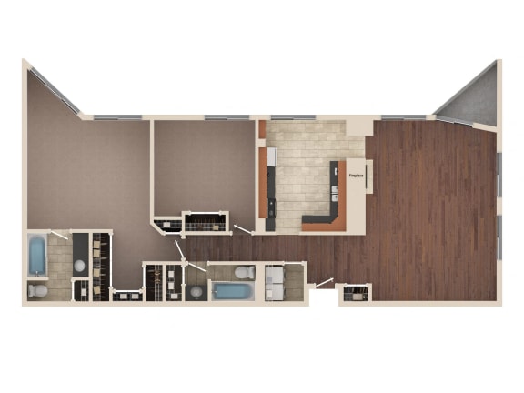 Horizon - 2 Bedroom Floor Plan Layout with 2 Baths and 1,581 square feet at Skyrise Luxury Apartments in Kalamazoo, MI.