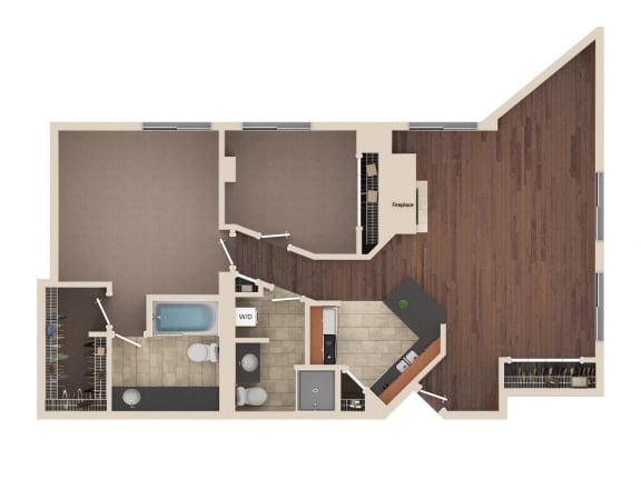 Pinnacle - 2 Bedroom Floor Plan Layout with 2 Baths and 1,177 square feet at Skyrise Luxury Apartments in Kalamazoo, MI.