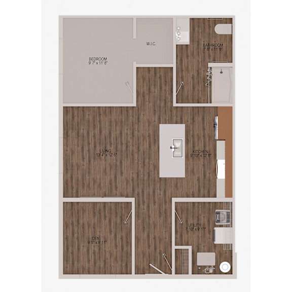 A floor plan of a house with a bedroom, bathroom, living room, and kitchen.