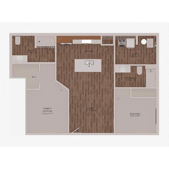 A floor plan of a house with a kitchen, living room, and two bedrooms.