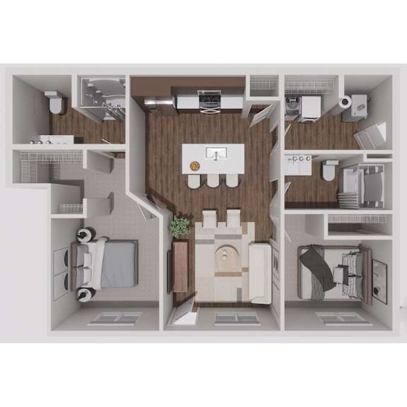 A 3D floor plan of a small apartment with a kitchen, living room, and bathroom.