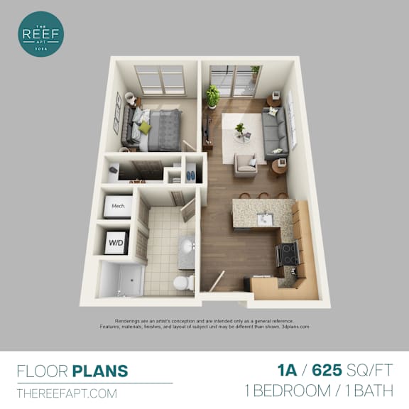 A floor plan of a 1 bedroom apartment with 1 bathroom.