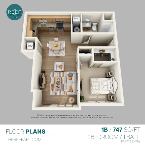A floor plan for a 1 bedroom, 1 bathroom apartment is shown.