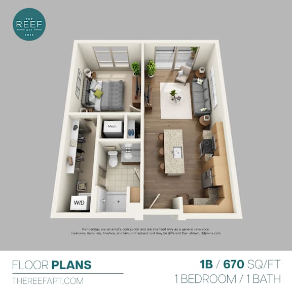 A floor plan for a 1 bedroom, 1 bathroom apartment.
