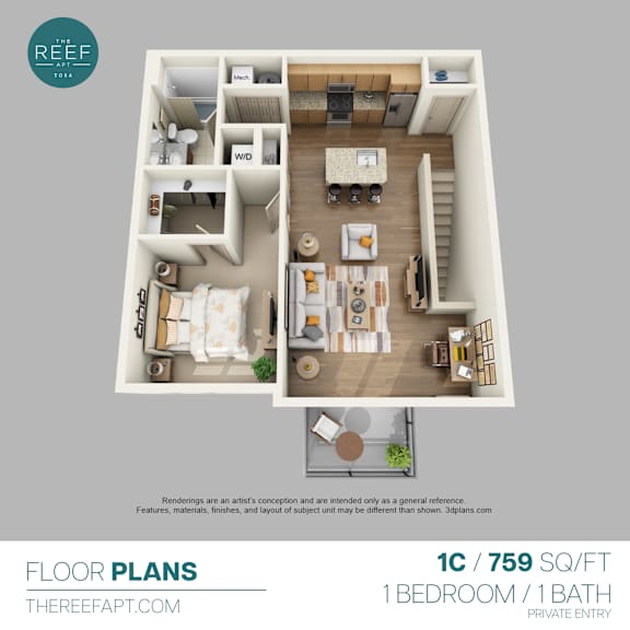 A floor plan of a 1 bedroom, 1 bathroom apartment.