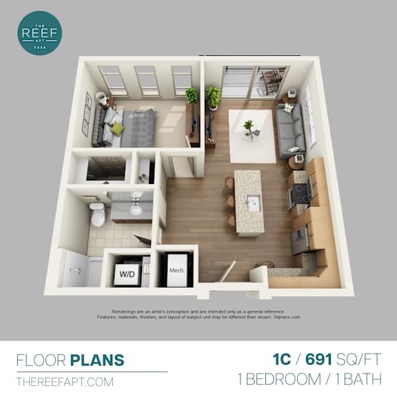 A floor plan image for a 1 bedroom, 1 bathroom apartment.