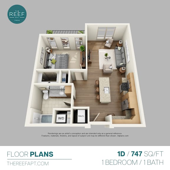 A 1D / 747 SQ/FT floor plan for a 1 bedroom / 1 bath apartment.