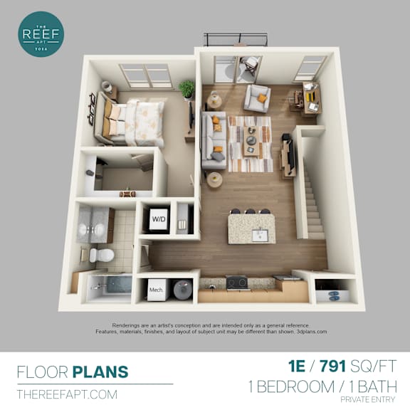 A floor plan of a 1 bedroom, 1 bathroom apartment.