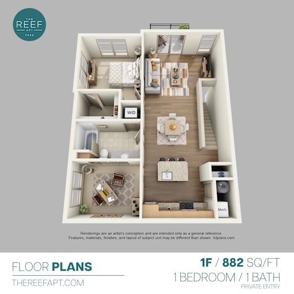 A floor plan of a one bedroom apartment with a bathroom and a private entry.