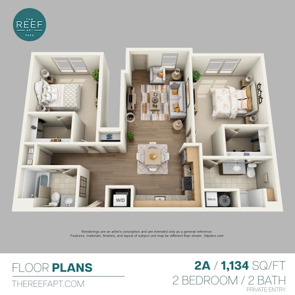 A 2 bedroom apartment with 2 bathrooms is shown in the image.