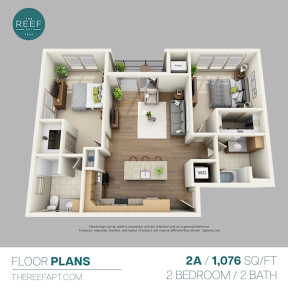 A 2 bedroom, 2 bath apartment layout from Thereefapt.com.