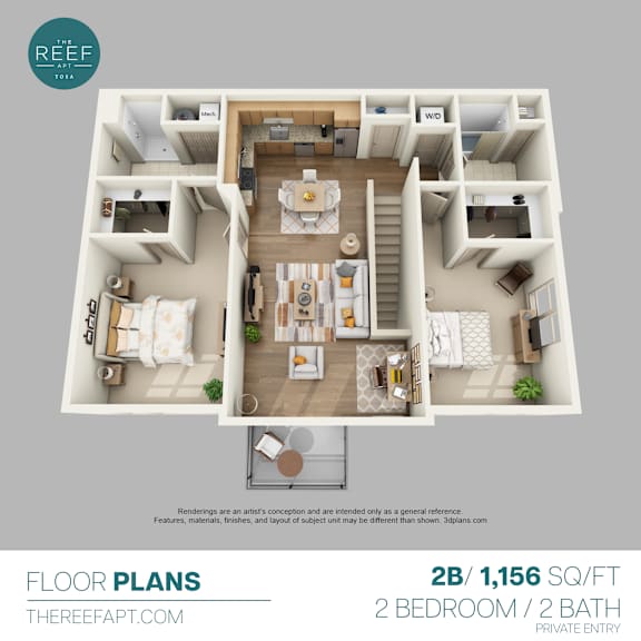 A 2 bedroom apartment with 2 bathrooms is displayed.