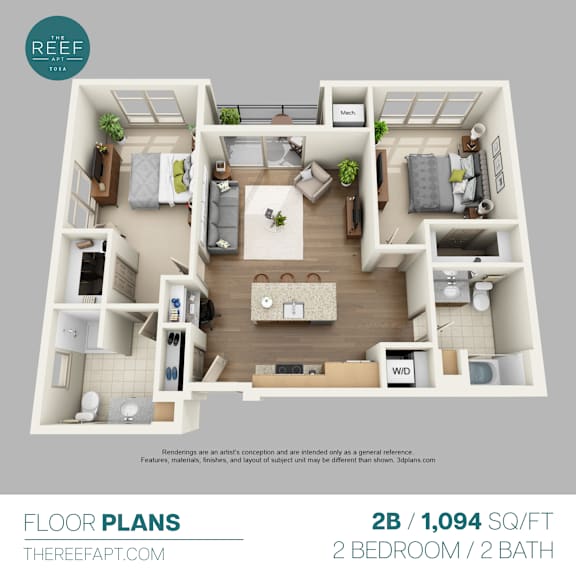 A 2 bedroom, 2 bathroom apartment layout from Thereefapt.com.