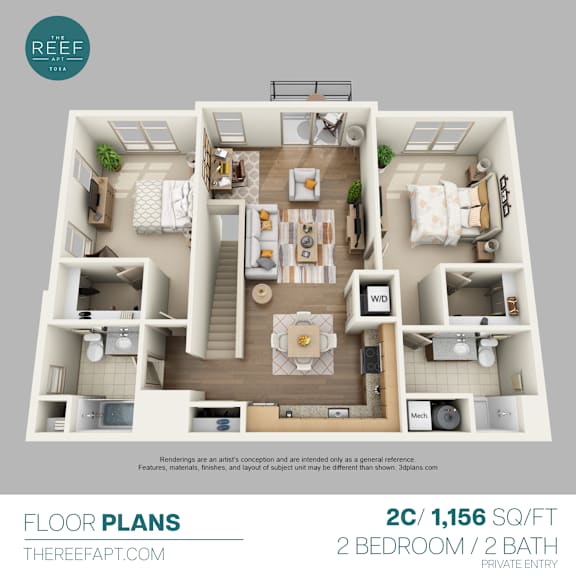 A 2 bedroom, 2 bathroom apartment with a living room, dining room, kitchen, and bathrooms.