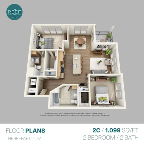 A 2 bedroom, 2 bathroom apartment layout from Thereefapt.com.