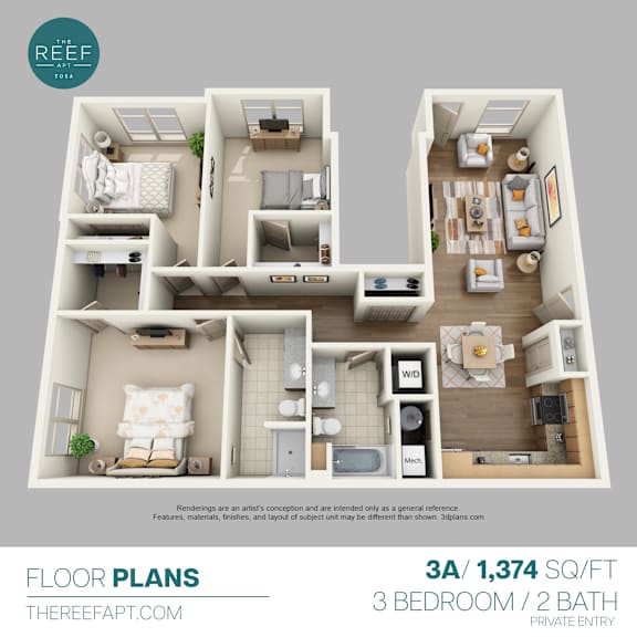 A 3A floor plan for a 1,374 square foot apartment with three bedrooms and two bathrooms.