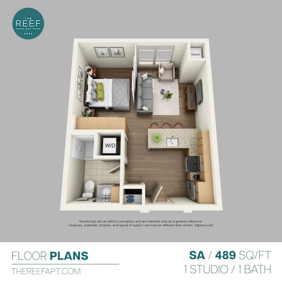 A floor plan for a studio apartment with one bedroom, one bathroom, and one studio space.