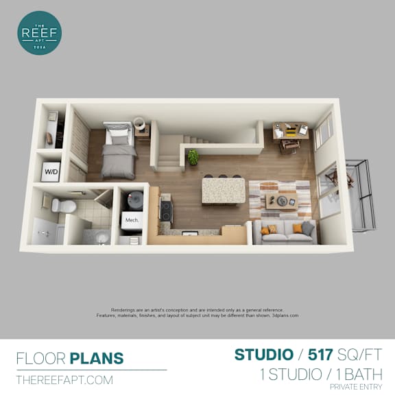 A floor plan of a studio apartment with a bedroom, living room, and kitchen area.