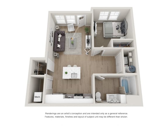 a 2 be 1 Bedroom 1 Bathroom Apartment at The Locklyn Apartmentsdroom floor plan with a bathroom and a kitchen