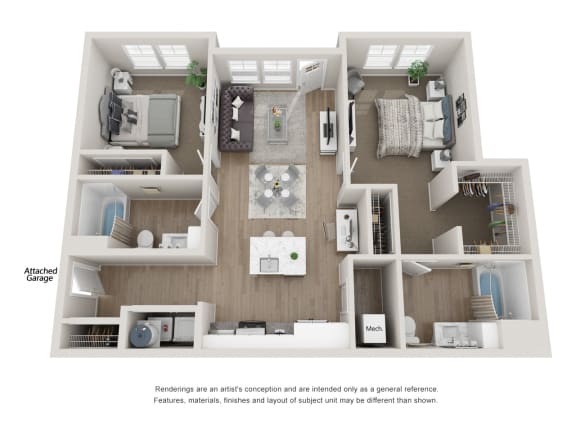 Floor Plan  2 Bedroom, 2 Bathroom ADA with Garage at The Locklyn Apartments