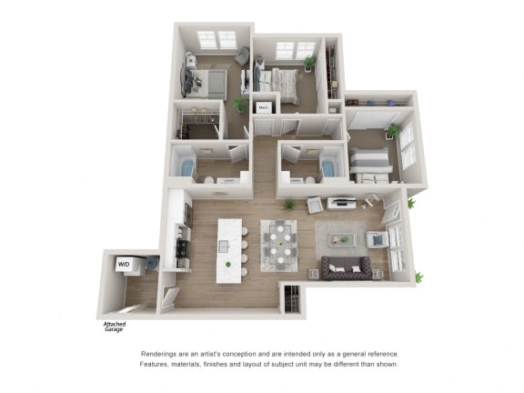 Floor Plan  3 Bedroom, 2 Bathroom with Garage at The Locklyn Apartments