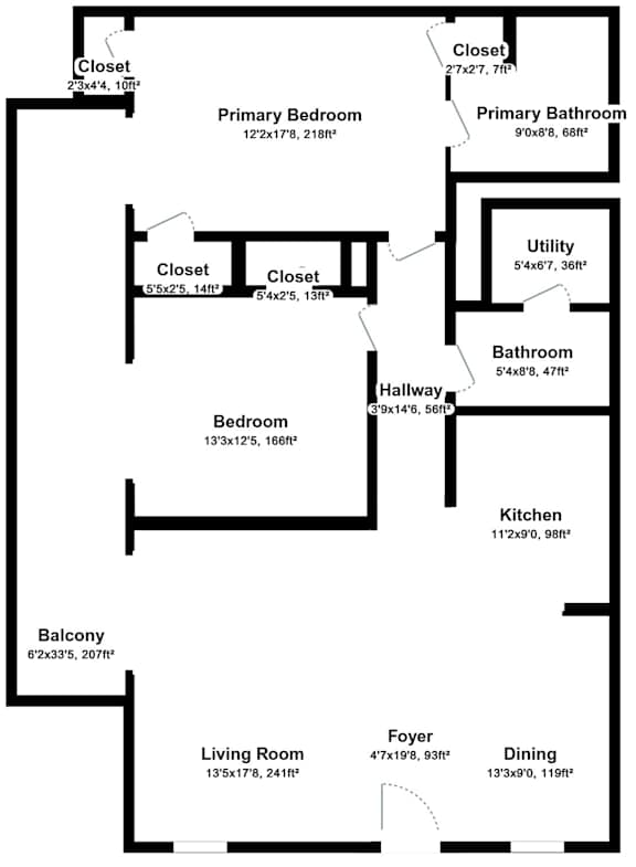 A floor plan of a house with a living room, dining room, kitchen, two bedrooms, two bathrooms, a utility room, and a balcony.