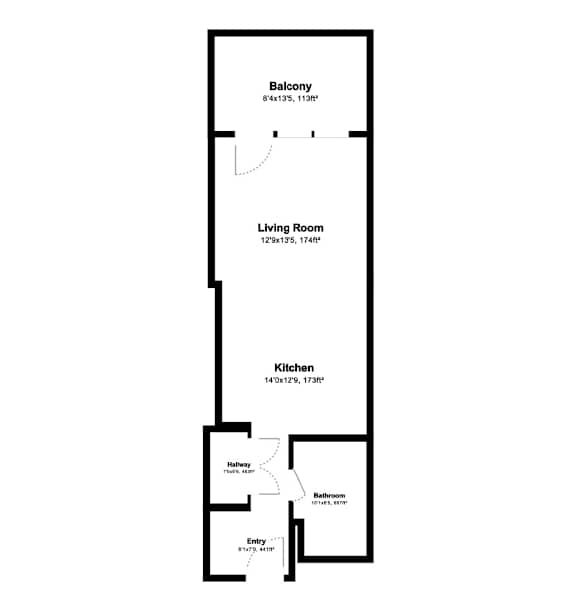 A floor plan of a house with a balcony, living room, kitchen, bathroom and entry.