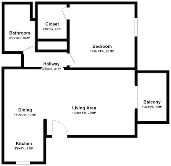 A floor plan of a house with a living area, kitchen, dining room, bathroom, bedroom, hallway, and closet.