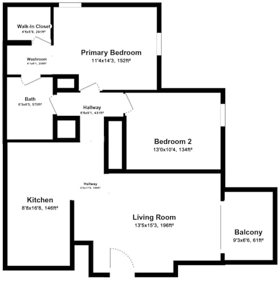 A floor plan of a house with a living room, two bedrooms, a kitchen, and a balcony.