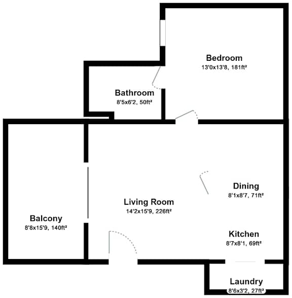 A floor plan of a house with a living room, dining room, kitchen, bedroom, bathroom and laundry.