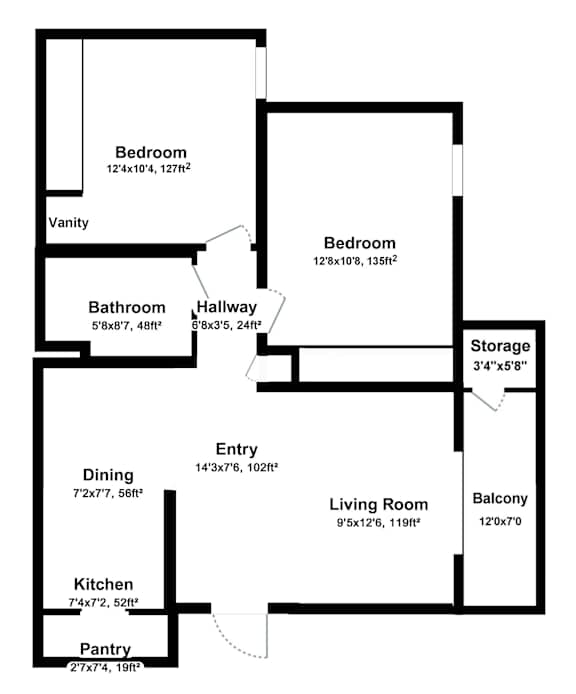 A black and white image of a floor plan for a house with labeled rooms and dimensions.