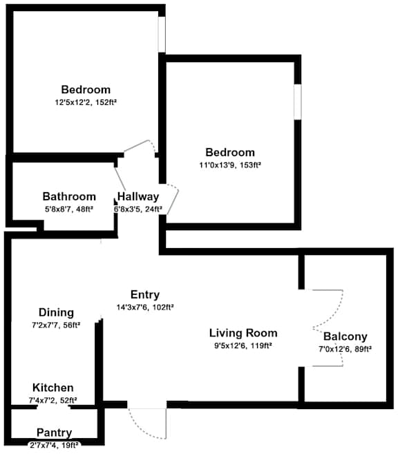 A floor plan of a house with two bedrooms, a bathroom, a hallway, a dining area, a kitchen, a pantry, a living room and a balcony.